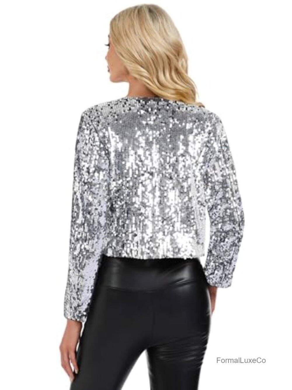 Sparkly Sequin Cropped Blazer Bolero Shrug Open Front Long Sleeve Party - Picture 3 of 5